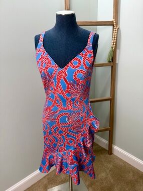 Gretchen Scott Tassel Time Red Blue Jersey Slip Ruffle Midi Dress Size Medium